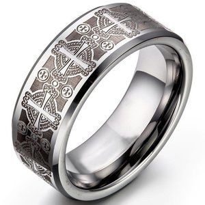 Mens Tungsten Wedding Band 8mm. Silver w/ Laser Etched Celtic Crosses & Beveled